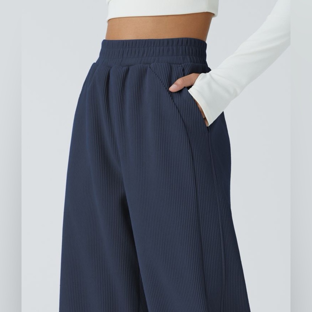 HALARA Navy Wide Leg Corduroy Pants High Rise Pockets Casual L - Picture 2 of 8